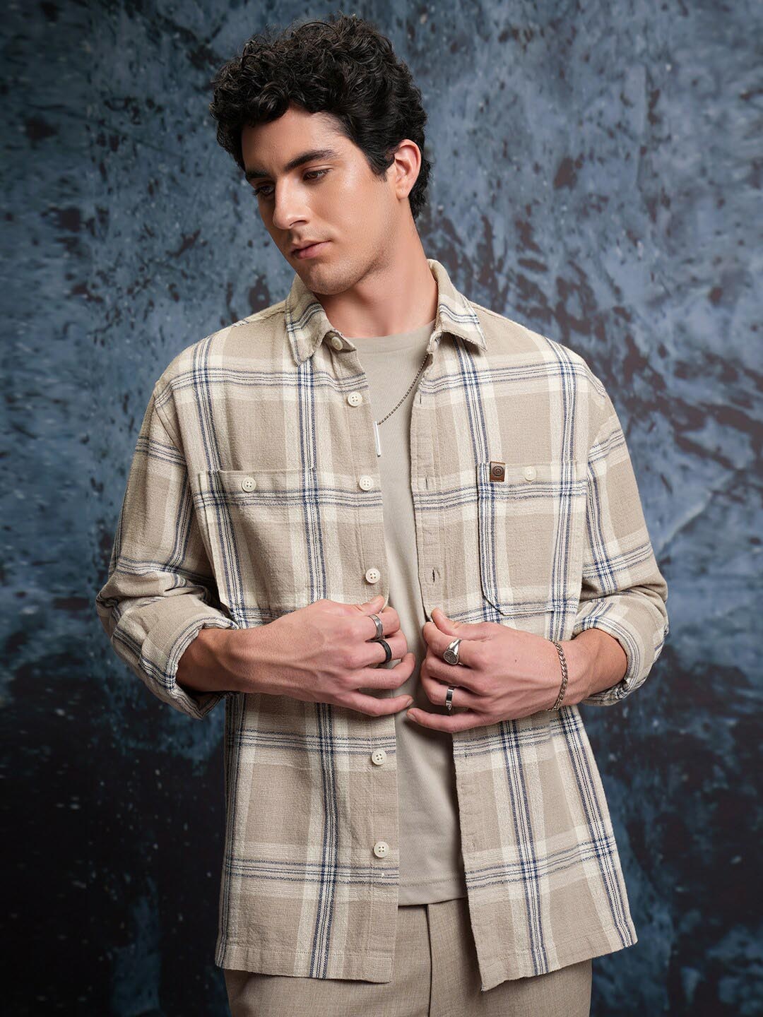 

LOCOMOTIVE Premium Tartan Checked Oversized Cotton Dobby Casual Shirt, Beige