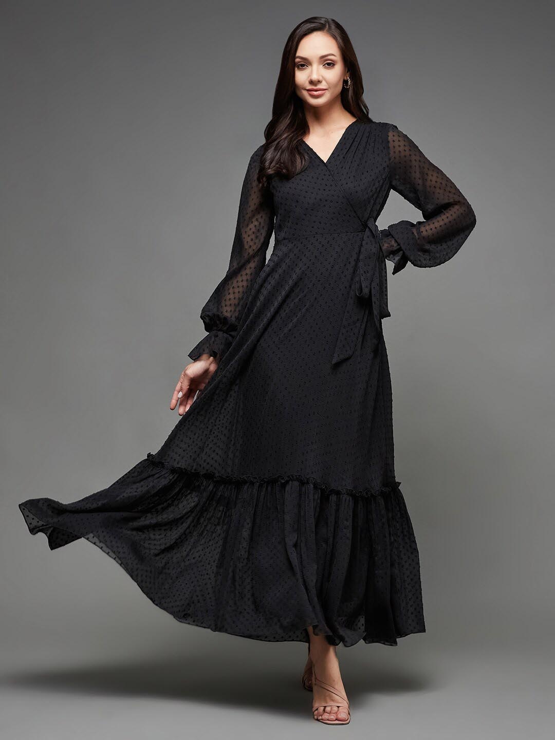 

Miss Chase Self Design Bell Sleeves Tie-Ups Maxi Dress, Black