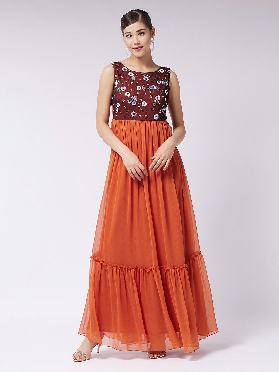 

Miss Chase Floral Embellished Boat Neck Gathered Maxi Dress, Brown