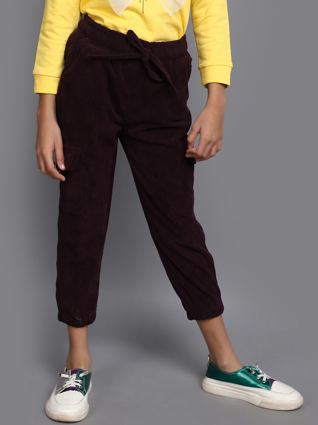 

V-Mart Girls Cropped Corduroy Weave Cotton Cargos Trousers, Maroon