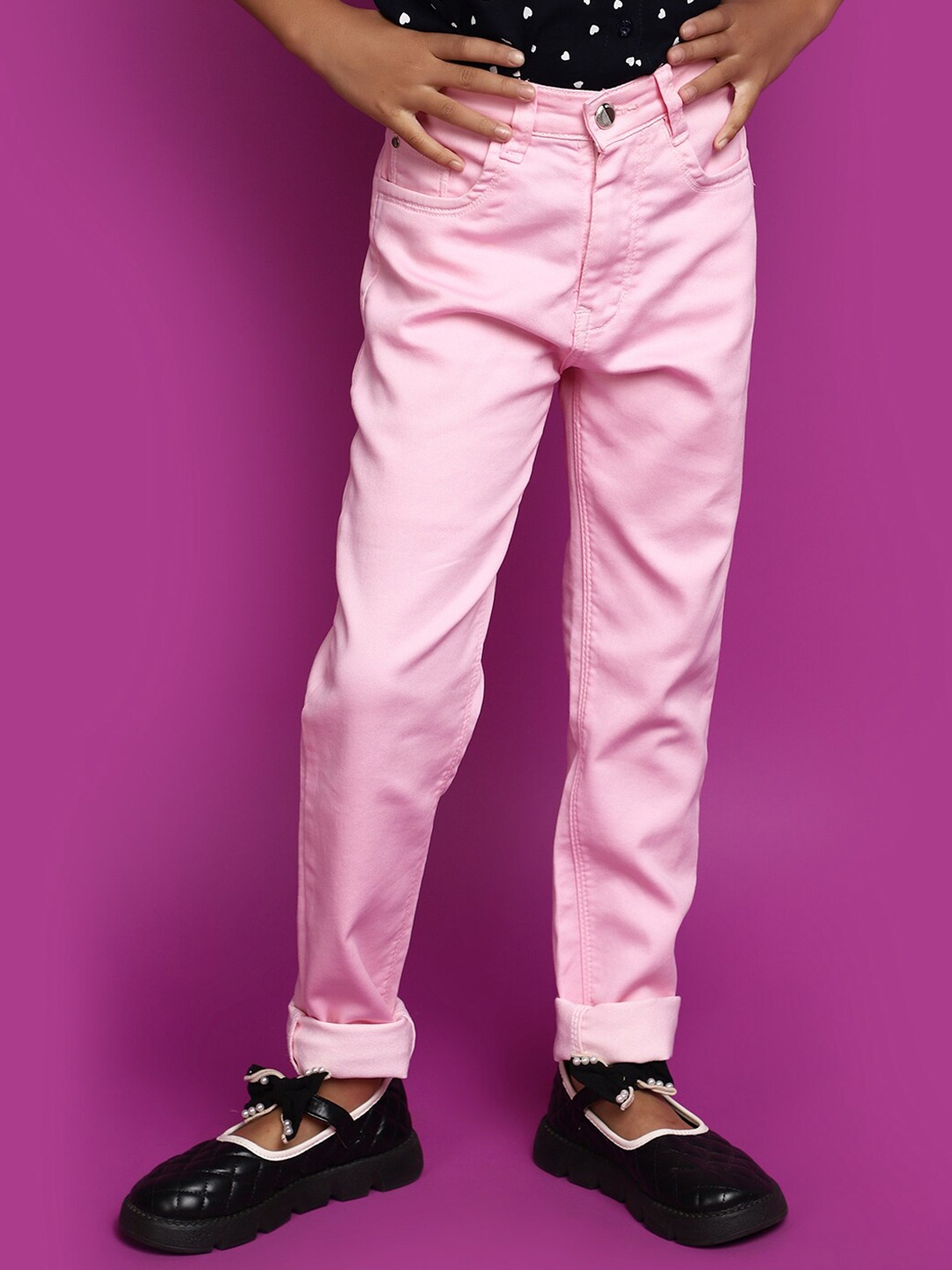

V-Mart Girls Coloured Dobby Cotton Clean Look No Fade Jeans, Pink