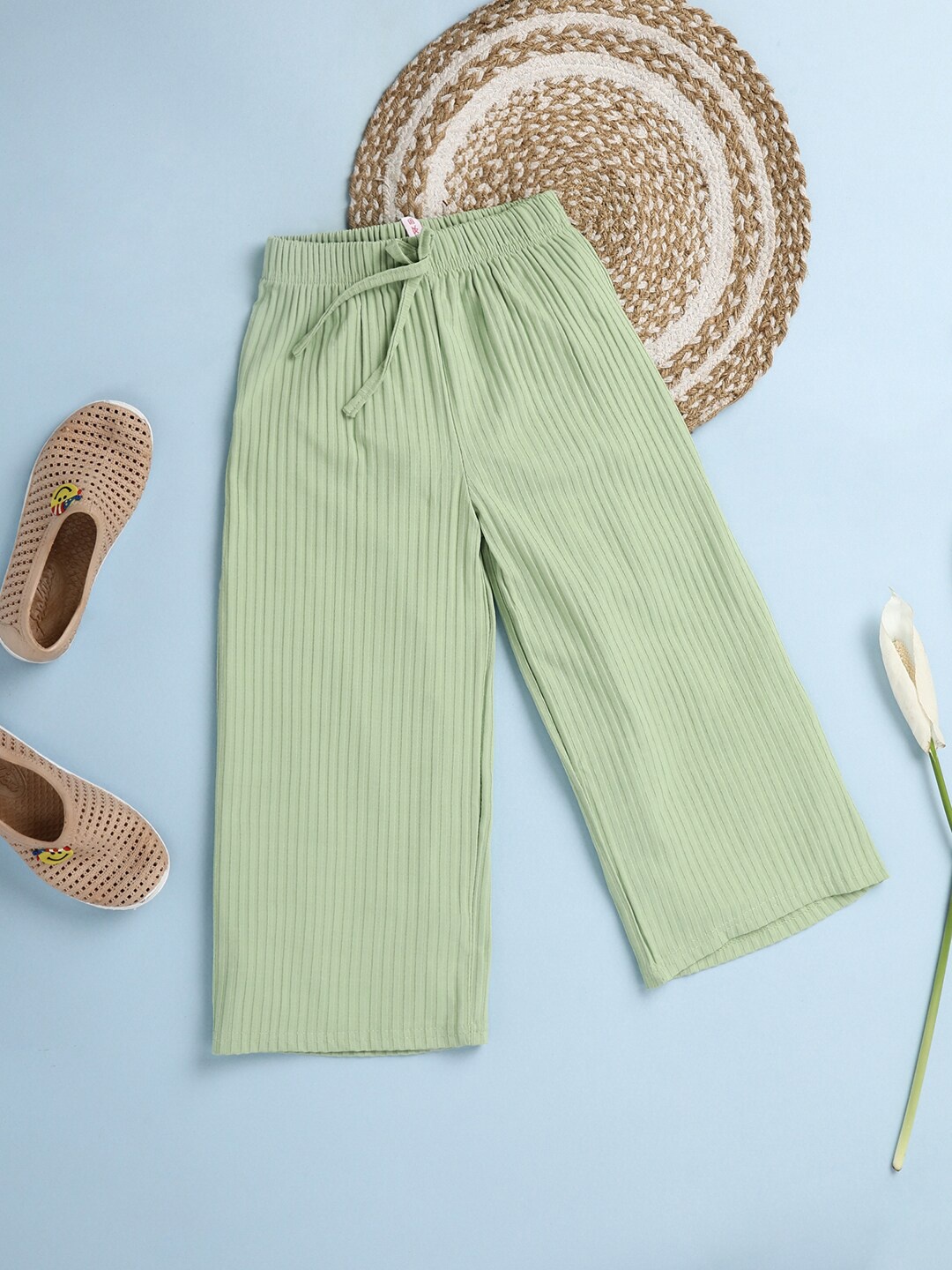 

V-Mart Girls Striped High-Rise Regular Fit Trousers, Green