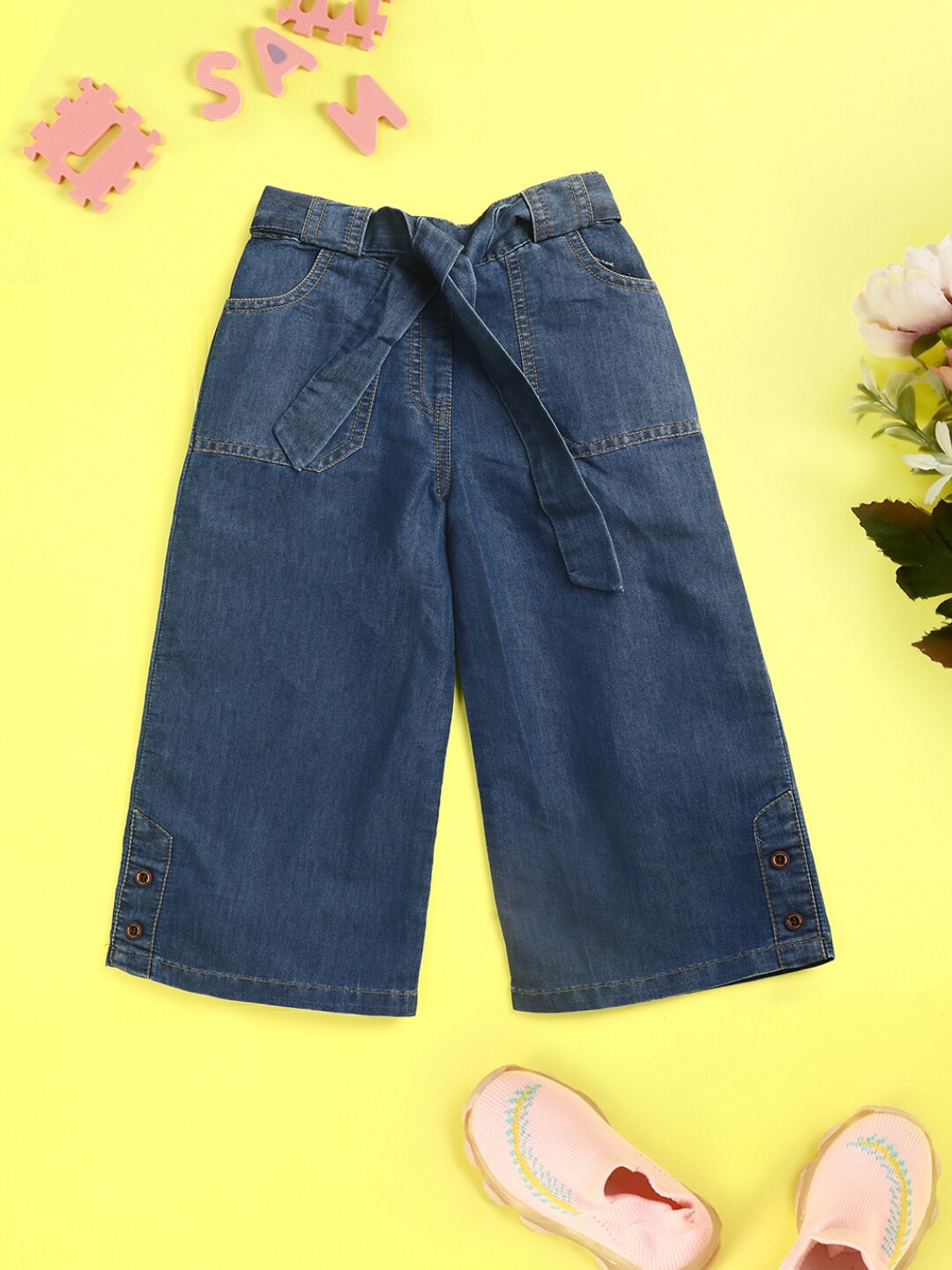 

V-Mart Girls Cotton Flared Fit Elasticated Cropped Jeans, Blue