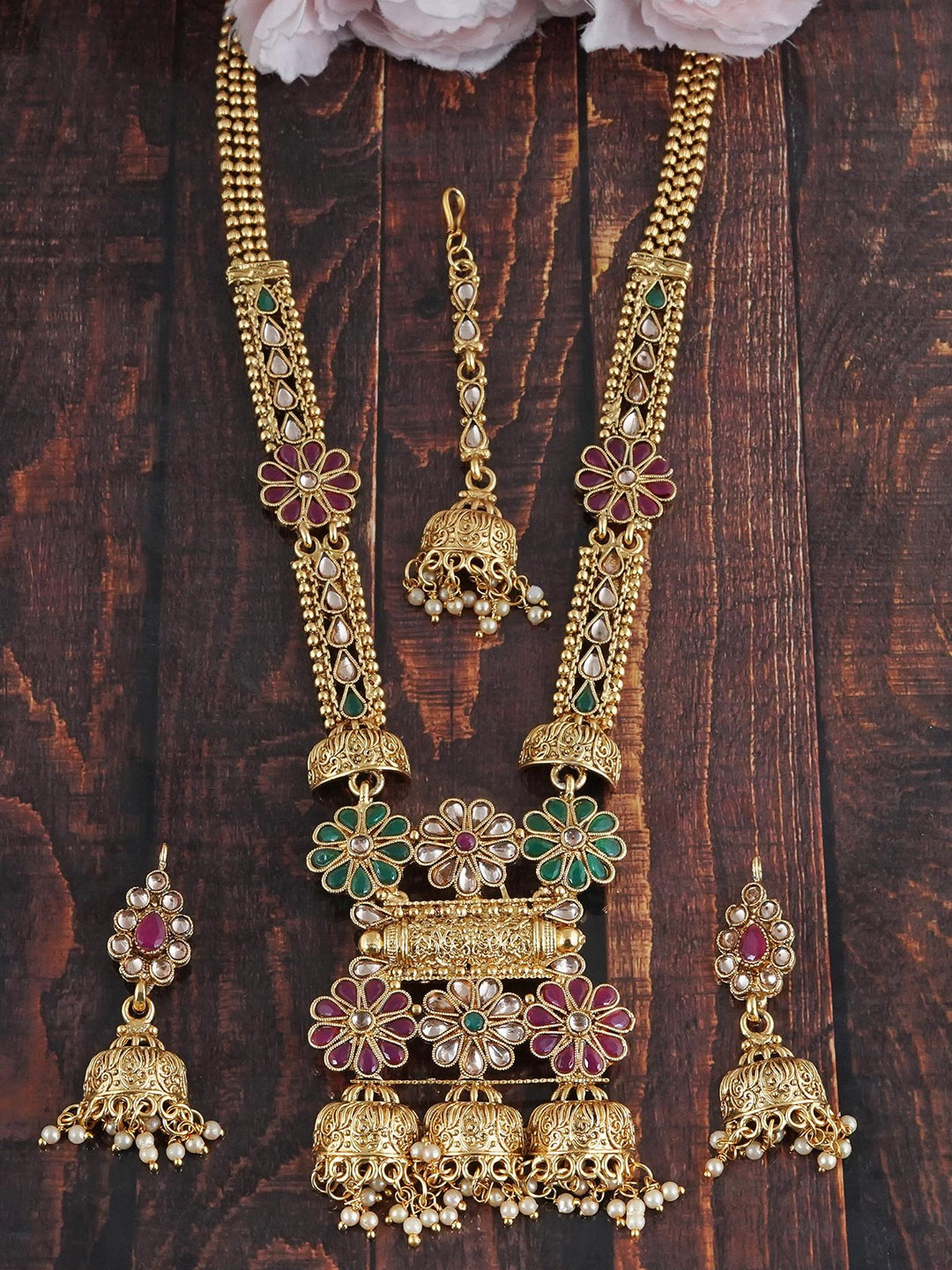 

MANSIYAORANGE Gold Plated American Stone & Kundan Studded Jewellery Set