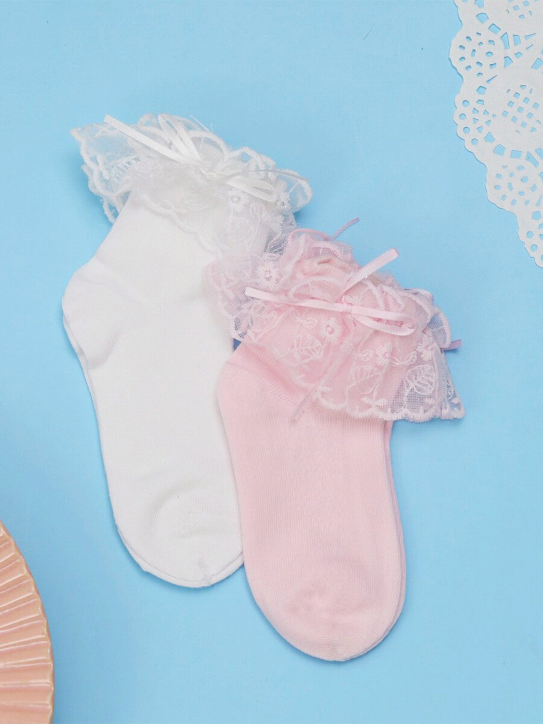 

Yellow Bee Girls Pack of 2 Ankle Length Lace Socks, Pink