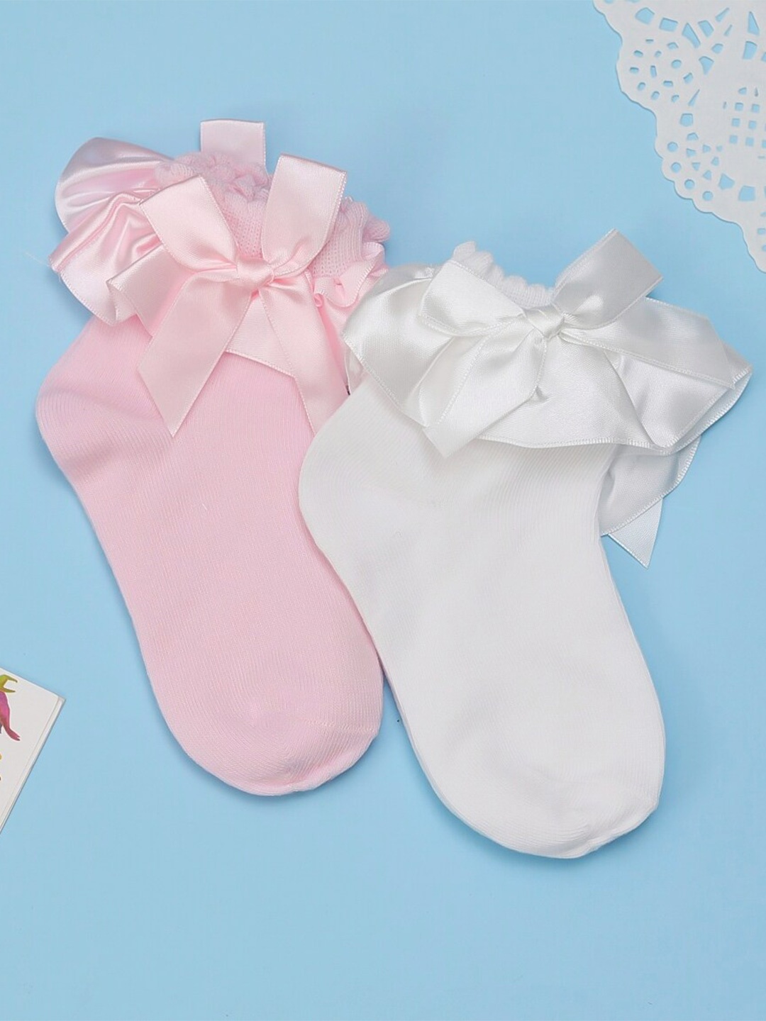 

Yellow Bee Girls Pack of 2 Ankle Length Bow Embellished Cotton Socks, Pink