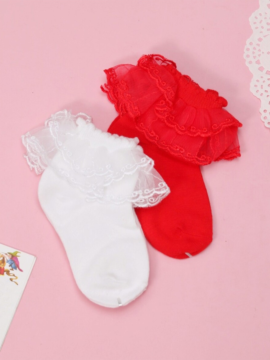 

Yellow Bee Girls Pack Of 2 Ruffle Lace Cotton Above Ankle Length Socks, Red