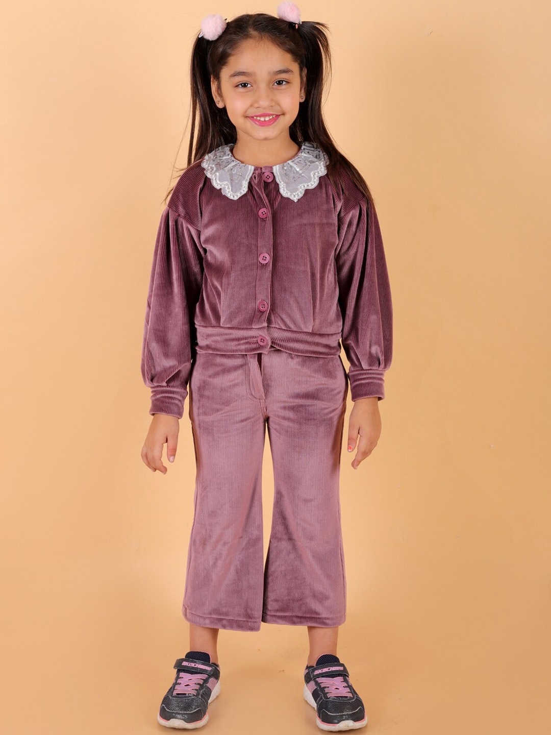 

Stuffie Land Girls Net Collared Winter Top With Trousers, Purple