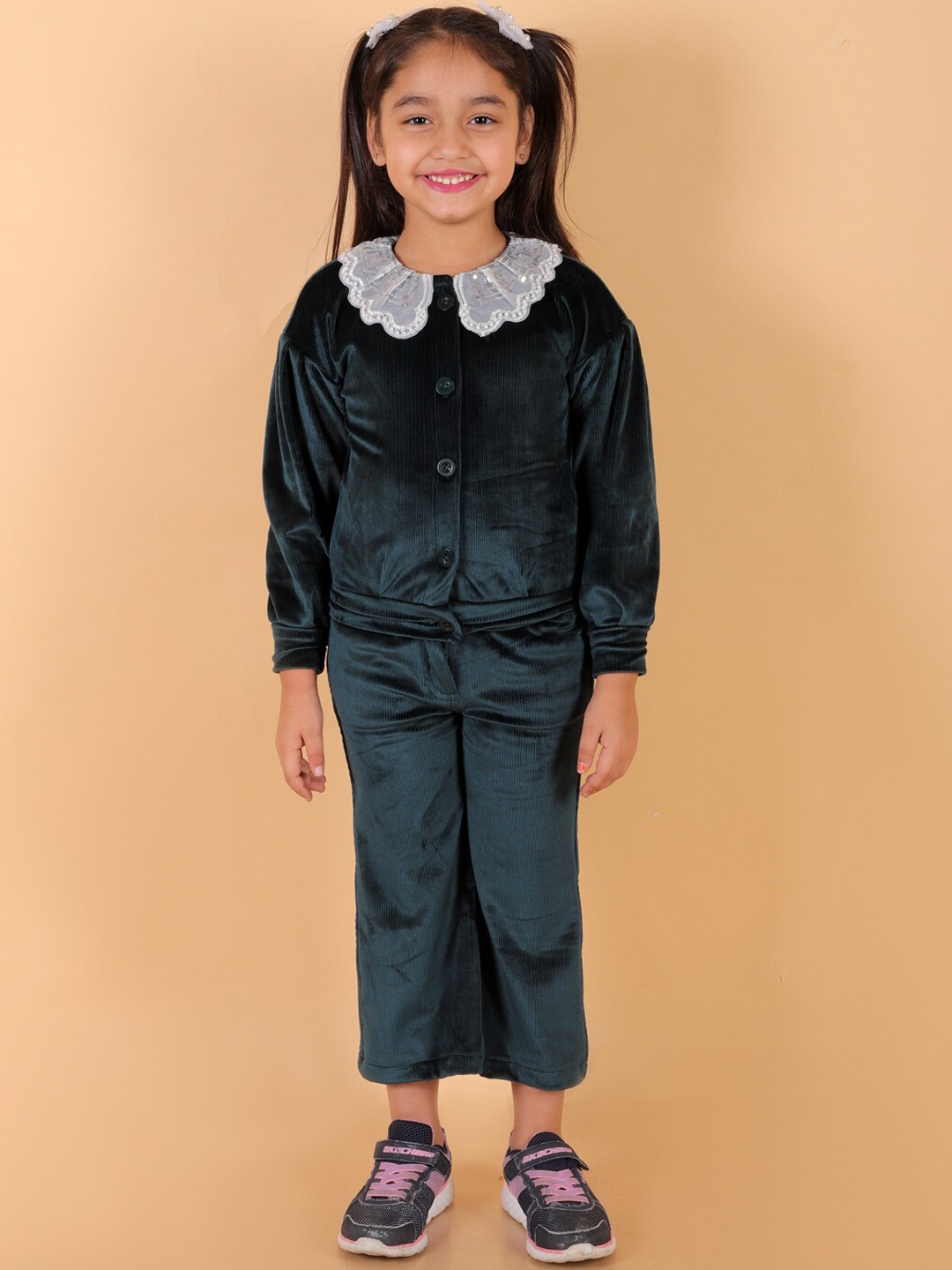 

Stuffie Land Girls Net Collared Winter Top With Trousers, Green