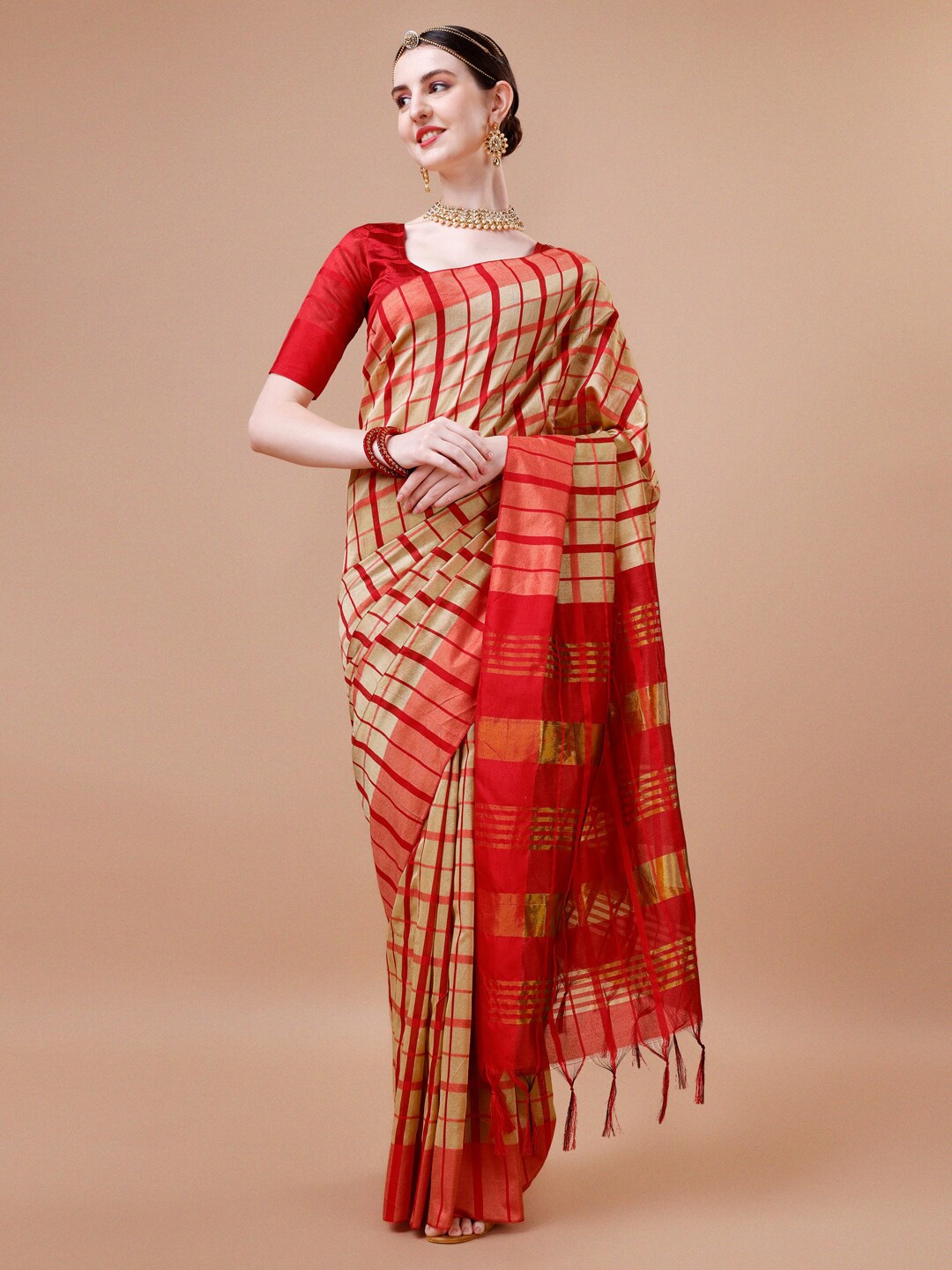 

KALINI Checked Zari Detailed Saree, Red