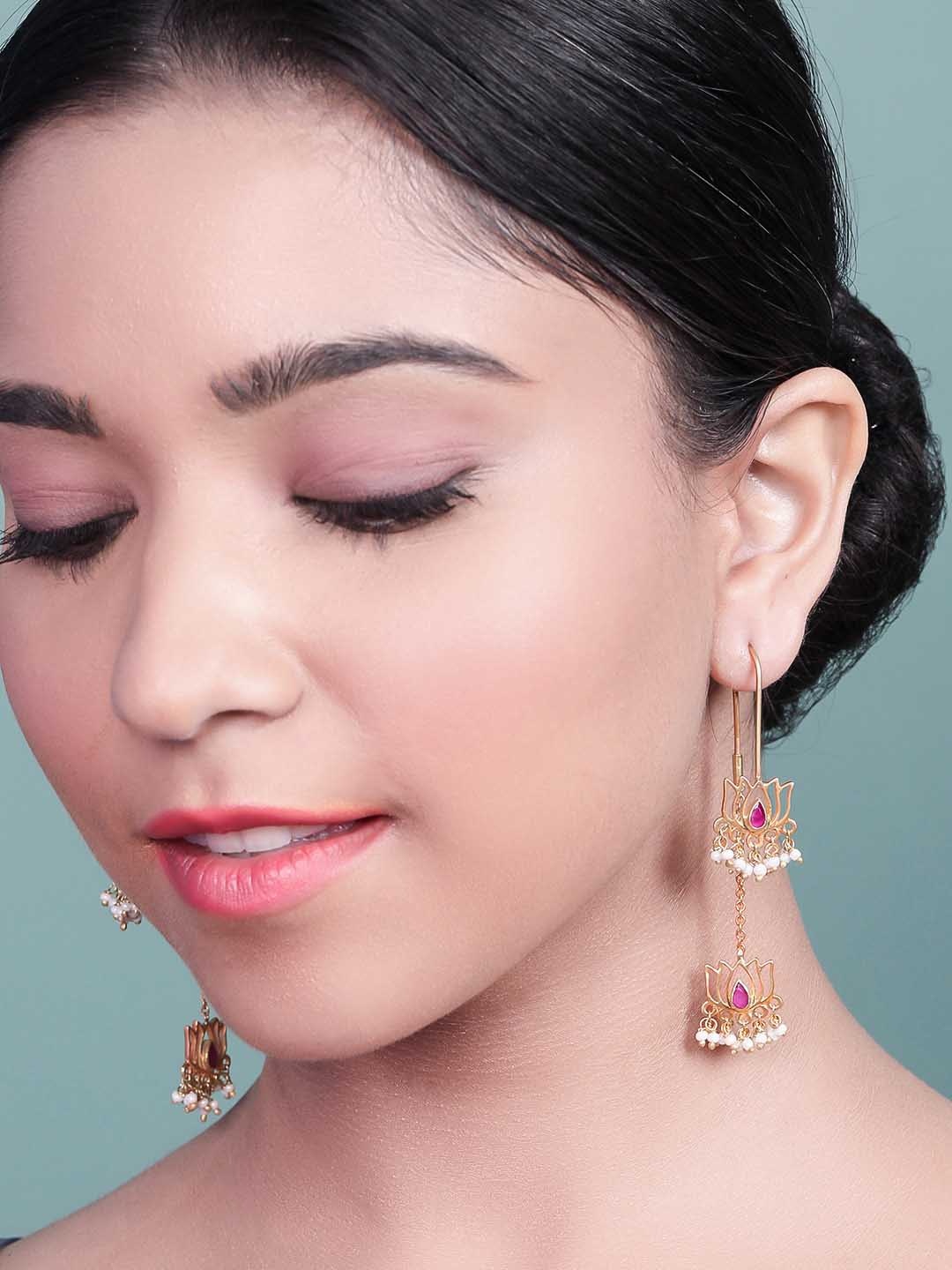 

Unniyarcha Gold Plated 92.5 Sterling Silver Stone Studded & Beaded Drop Earrings