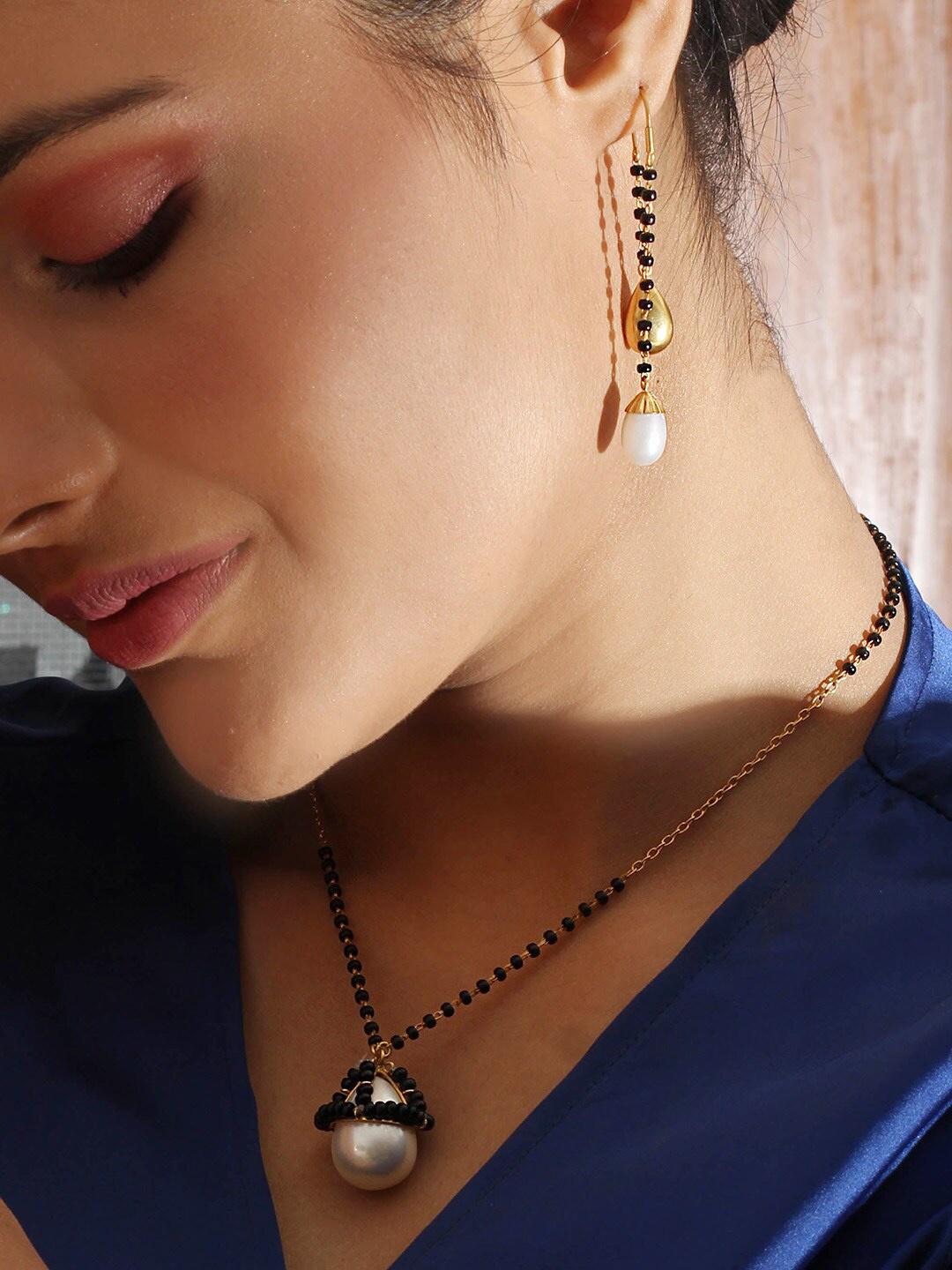 

Unniyarcha 92.5 Sterling Silver Gold Plated Beaded Mangalsutra Drop Earrings