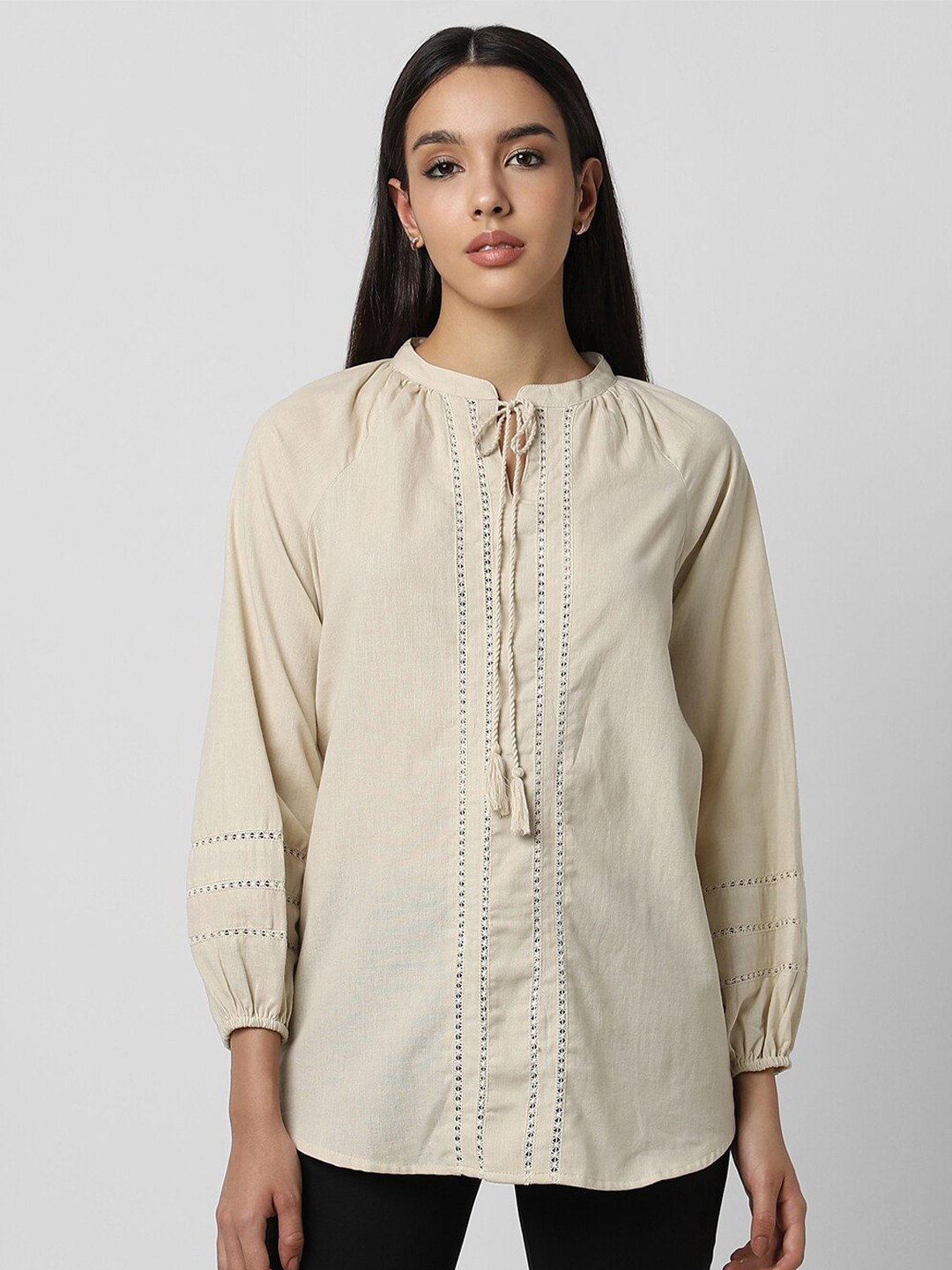 

Van Heusen Woman Tie-Up Neck Long Sleeve Gathered Cotton Tunic, Beige