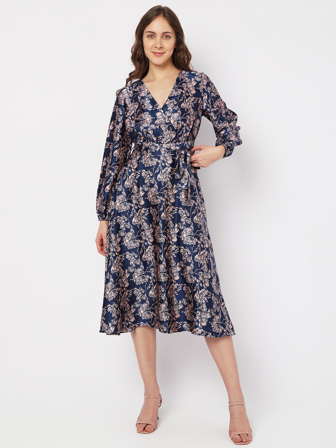 

Vero Moda Floral Print Bishop Sleeves Tie-Up Detailed Fit & Flare Party Dress, Navy blue