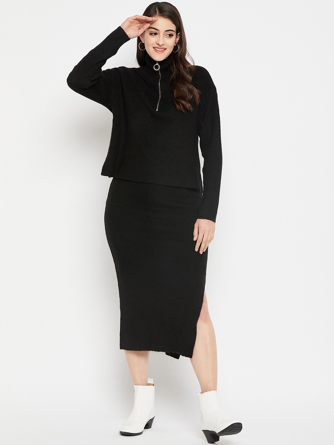 

STYLE BLUSH High Neck Long Sleeves Sweater & Skirt, Black
