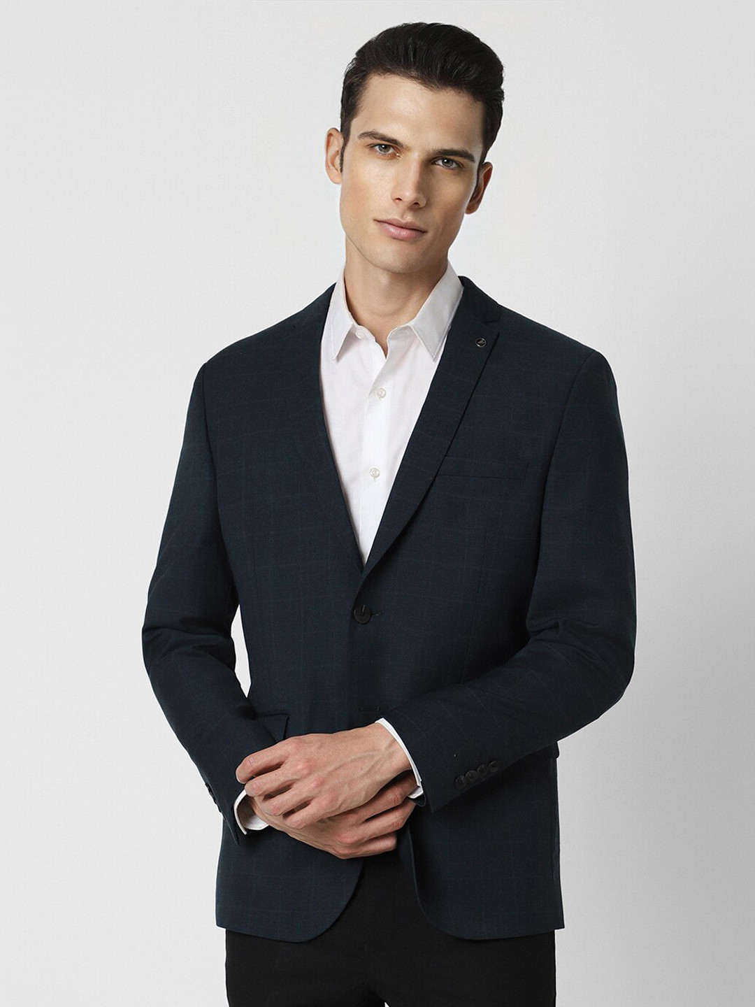 

Van Heusen Checked Single Breasted Slim Fit Wool Formal Blazer, Navy blue