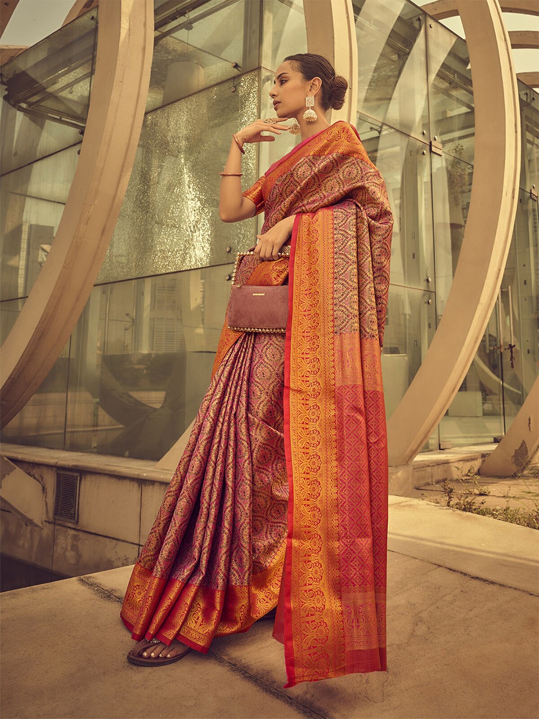 

ODETTE Ethnic Motifs Woven Design Banarasi Saree, Pink