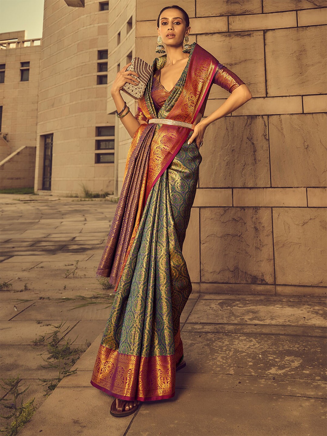 

ODETTE Woven Design Zari Banarasi Saree, Green