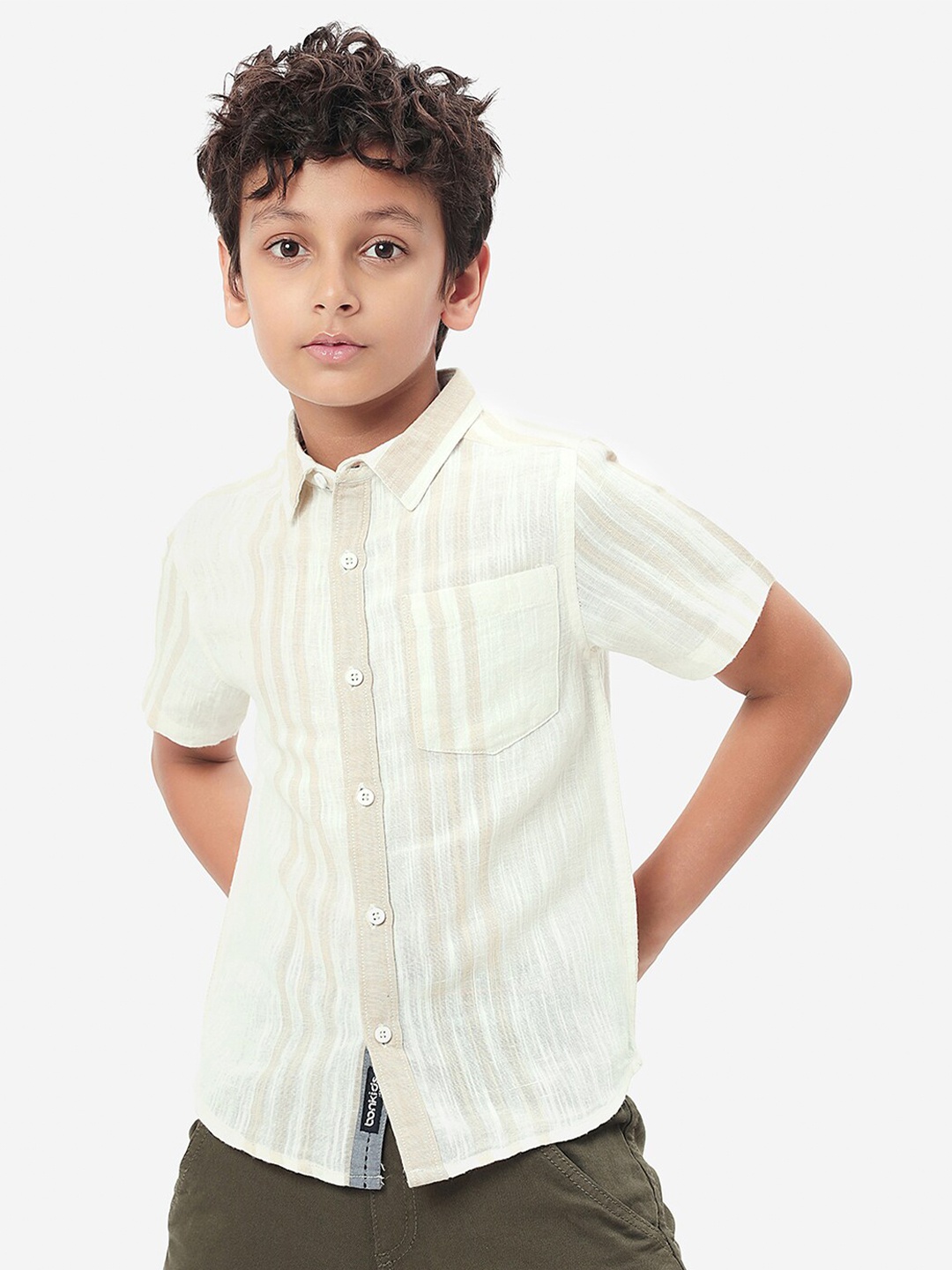 

BONKIDS Boys Striped Spread Collar Short Sleeves Cotton Shirt, White