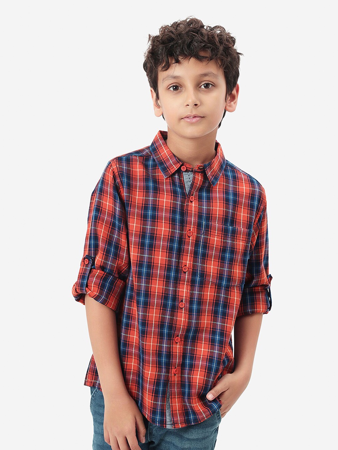 

BONKIDS Boys Tartan Checked Cotton Roll-Up Sleeves Shirt, Navy blue