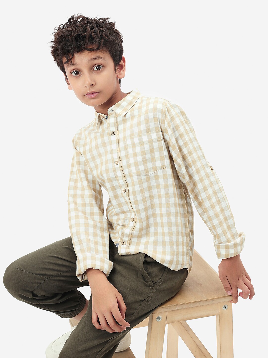 

BONKIDS Boys Checked Spread Collar Long Sleeve Cotton Regular Fit Shirt, Off white