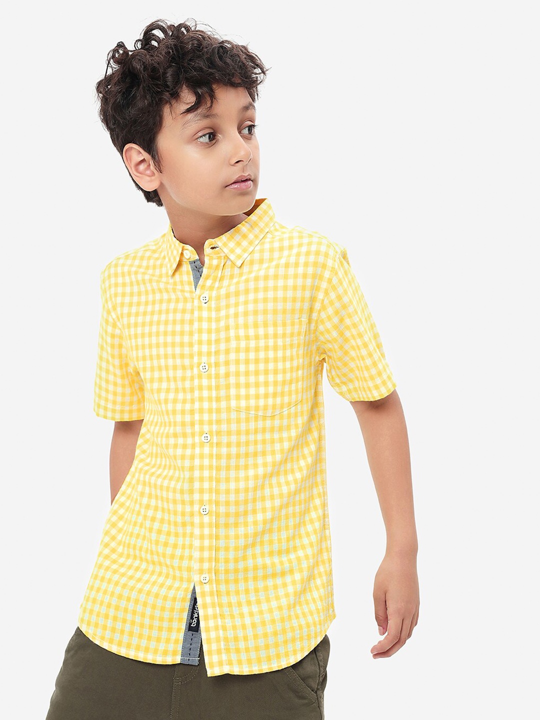 

BONKIDS Boys Gingham Checks Cotton Casual Shirt, Yellow