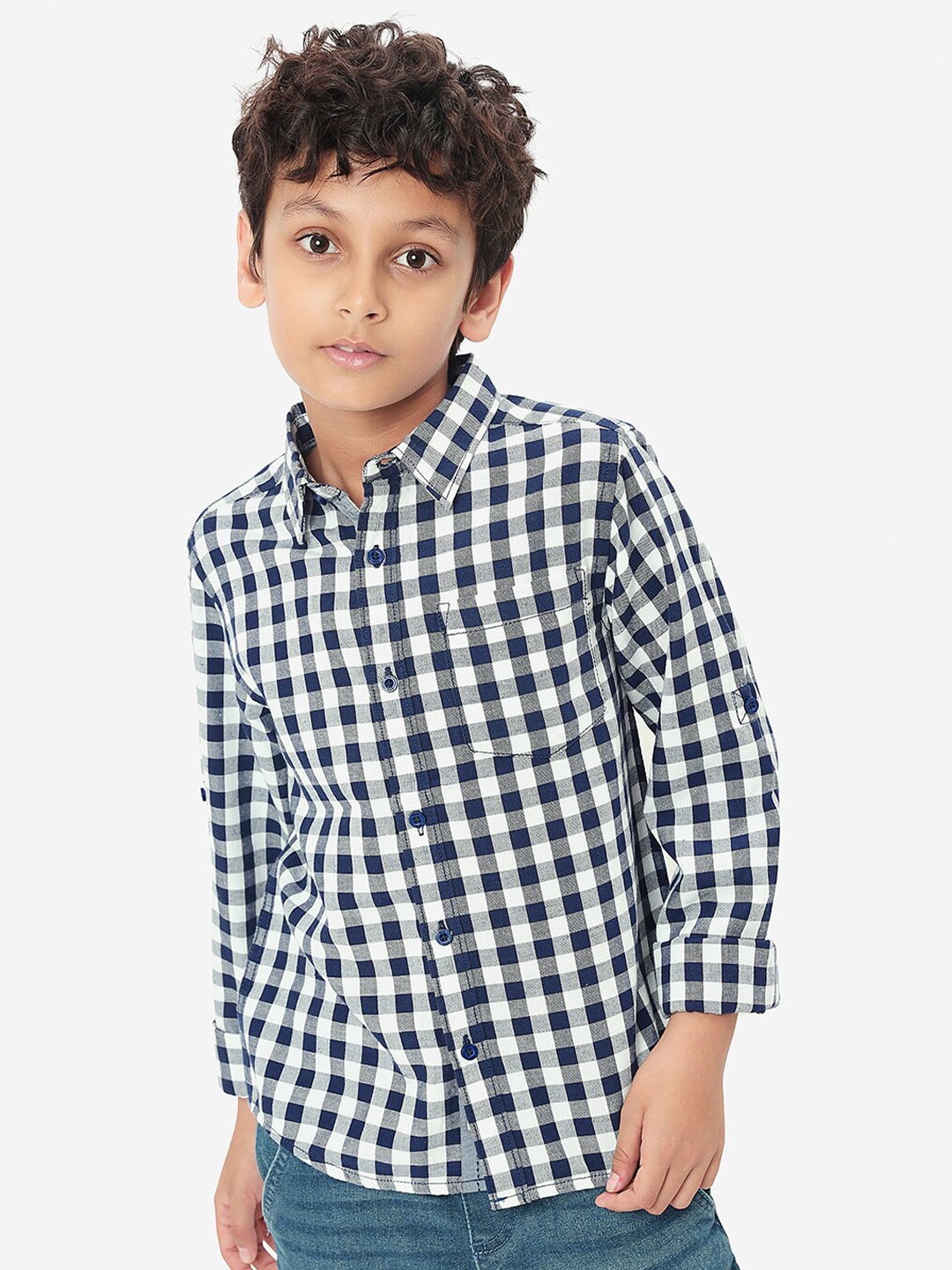 

BONKIDS Boys Gingham Checks Cotton Casual Shirt, White