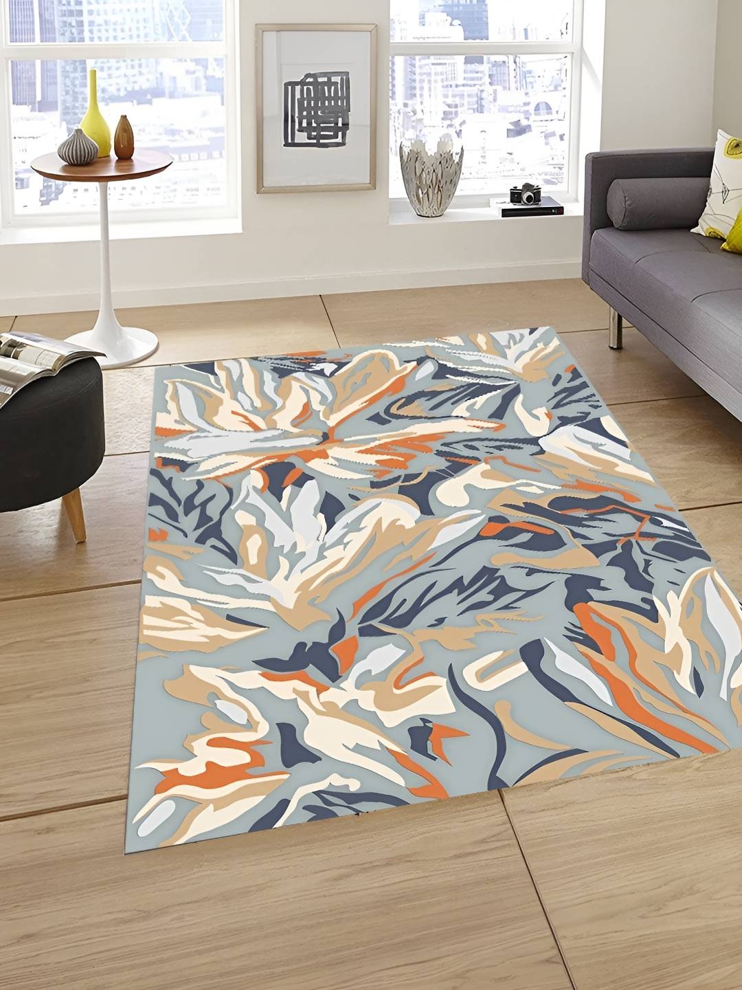 

Sparrow world Grey & White abstract Rectangular Anti-Skid Carpet