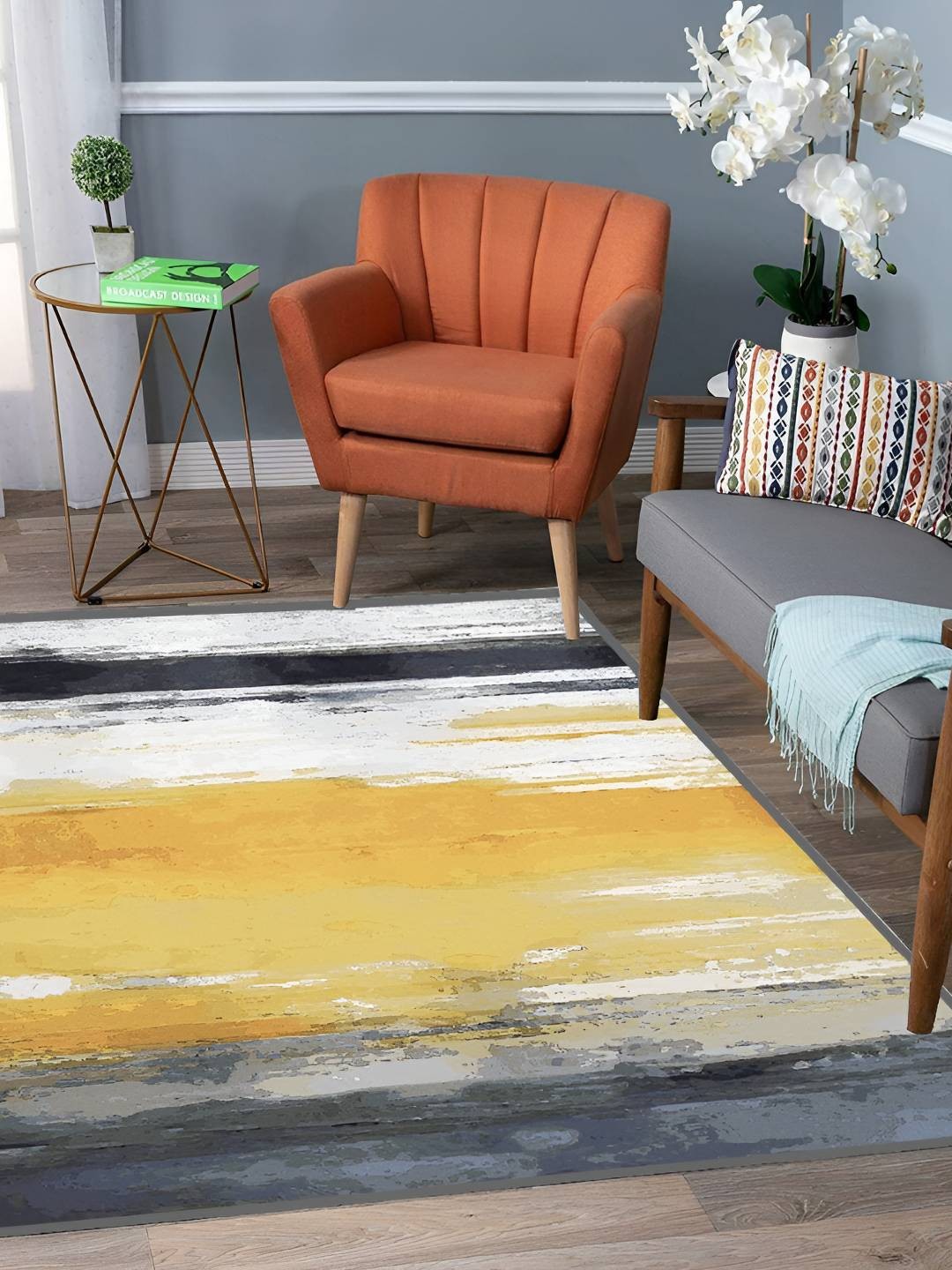 

Sparrow world Yellow & White Abstract Printed Rectangular Anti-Skid Carpet
