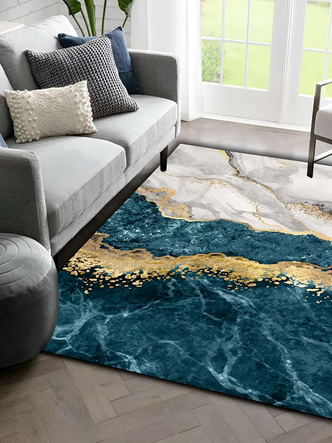 

Sparrow world Teal Green & White Abstract Printed Rectangular Anti-Skid Carpet