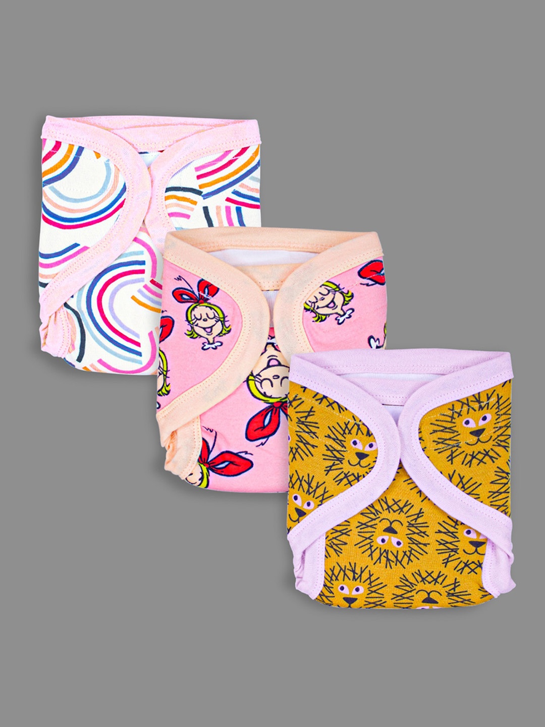 

Born Babies Set Of 3 Baby Boy &Baby Girl Printed Quick Reusable Cloth Velcro Diaper-12-18M, Pink