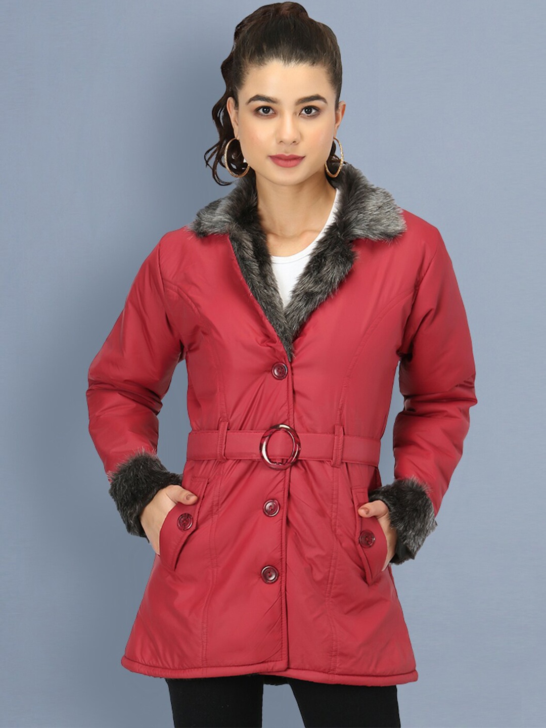 

BUY NEW TREND Lapel Collar Faux Fur Trim Longline Parka Jacket, Maroon