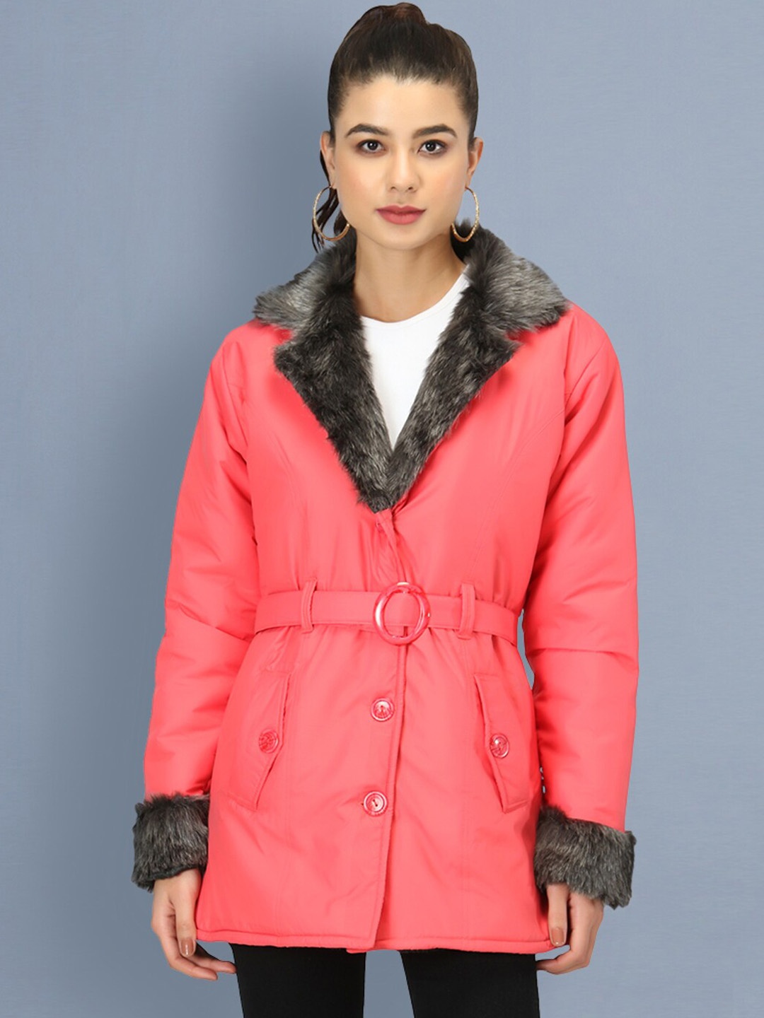 

BUY NEW TREND Lapel Collar Faux Fur Trim Longline Parka Jacket, Coral