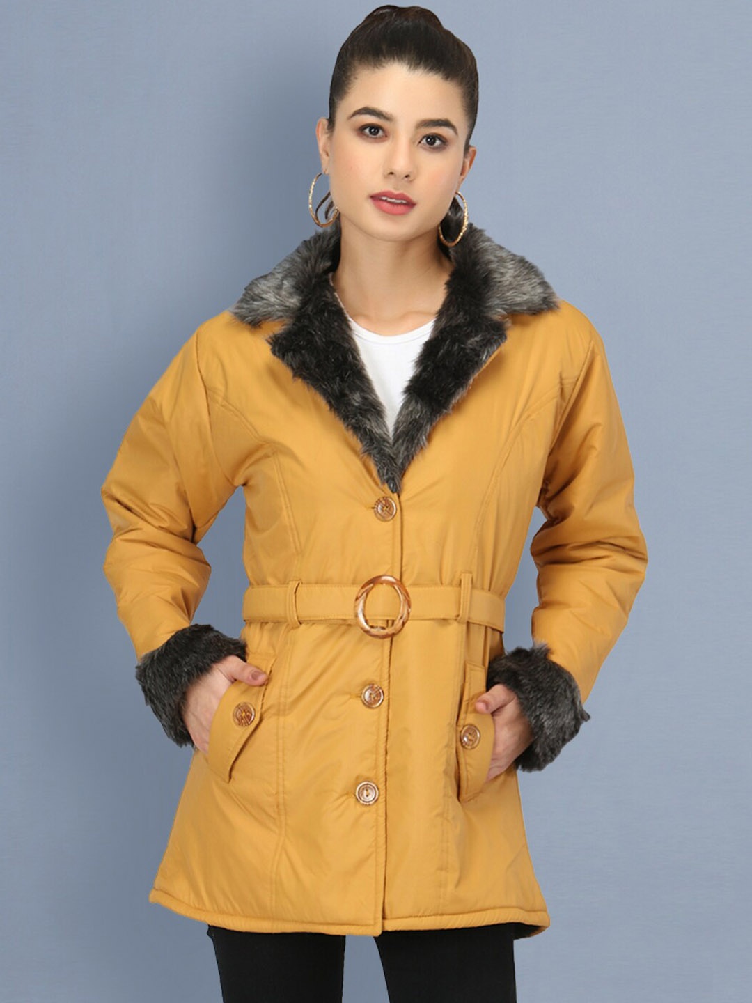 

BUY NEW TREND Lapel Collar Faux Fur Trim Longline Parka Jacket, Yellow