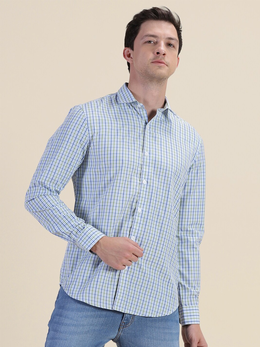 

encore by INVICTUS Blue Classic Slim Fit Micro Checks Opaque Casual Shirt