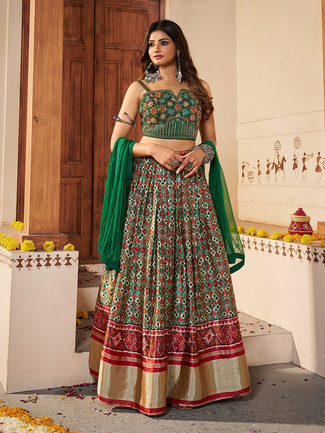

ODETTE Printed Mirror Work Semi-Stitched Silk Lehenga & Unstitched Blouse With Dupatta, Green