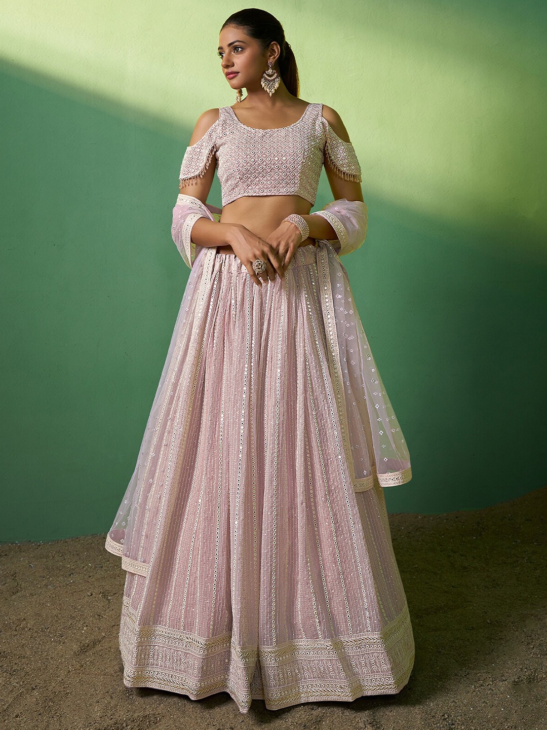 

ODETTE Mirror Work Embroidered Semi-Stitched Lehenga & Unstitched Blouse With Dupatta, Pink