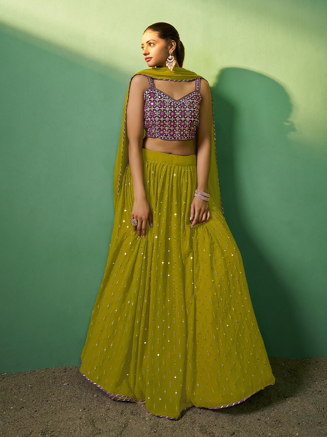 

ODETTE Mirror Work Embroidered Semi-Stitched Lehenga & Unstitched Blouse With Dupatta, Green