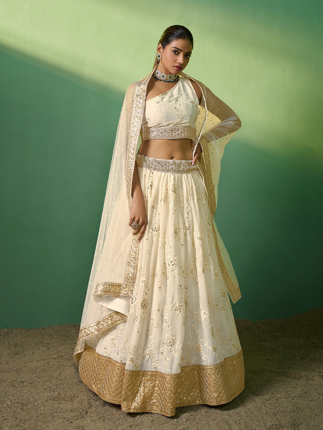 

ODETTE Sequinned Embroidered Semi-Stitched Lehenga & Unstitched Blouse With Dupatta, Beige
