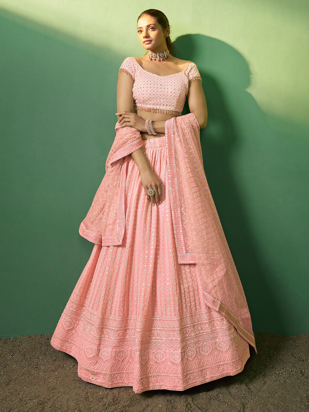 

ODETTE Embroidered Semi-Stitched Lehenga & Unstitched Blouse With Dupatta, Peach