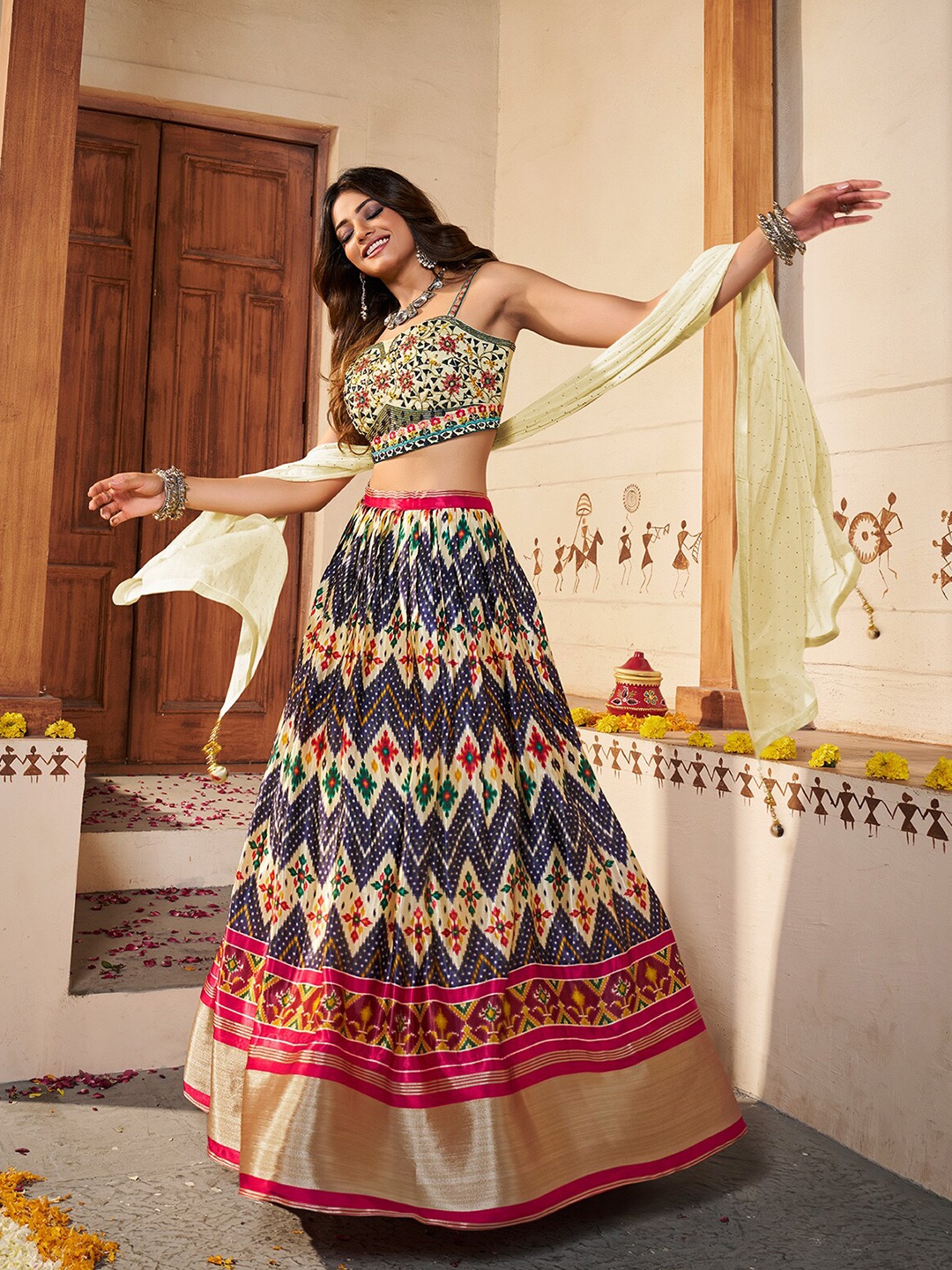 

ODETTE Ethnic Motifs Printed Semi-Stitched Lehenga & Unstitched Blouse With Dupatta, Yellow