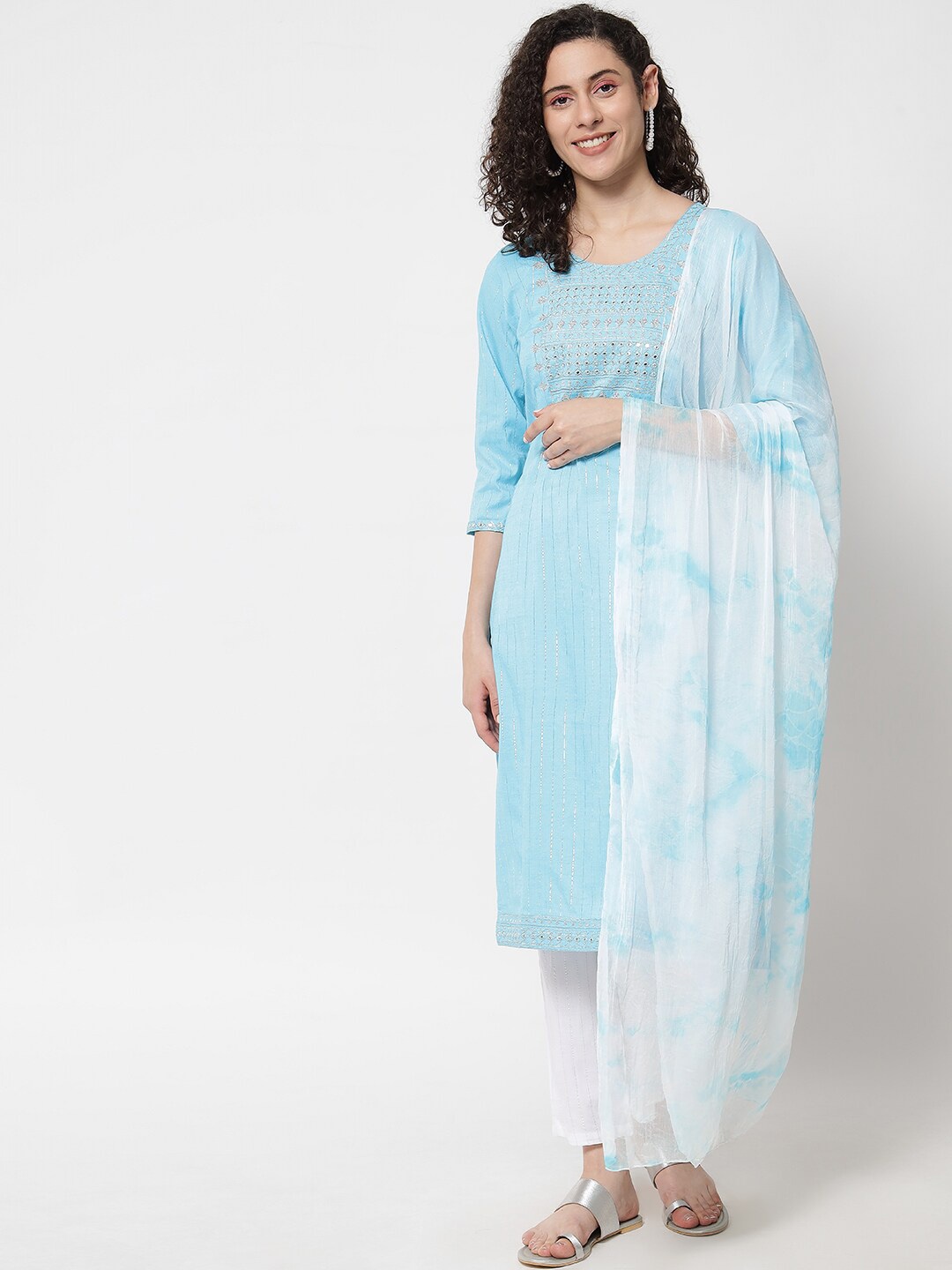 

KALINI Ethnic Motifs Yoke Design Thread Work Detail Straight Kurta & Trousers With Dupatta, Blue