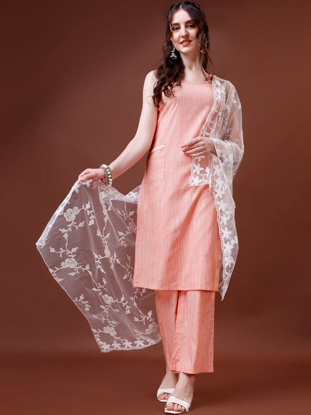 

Sangria Shoulder Straps Kurta & Palazzo With Embroidered Dupatta, Orange