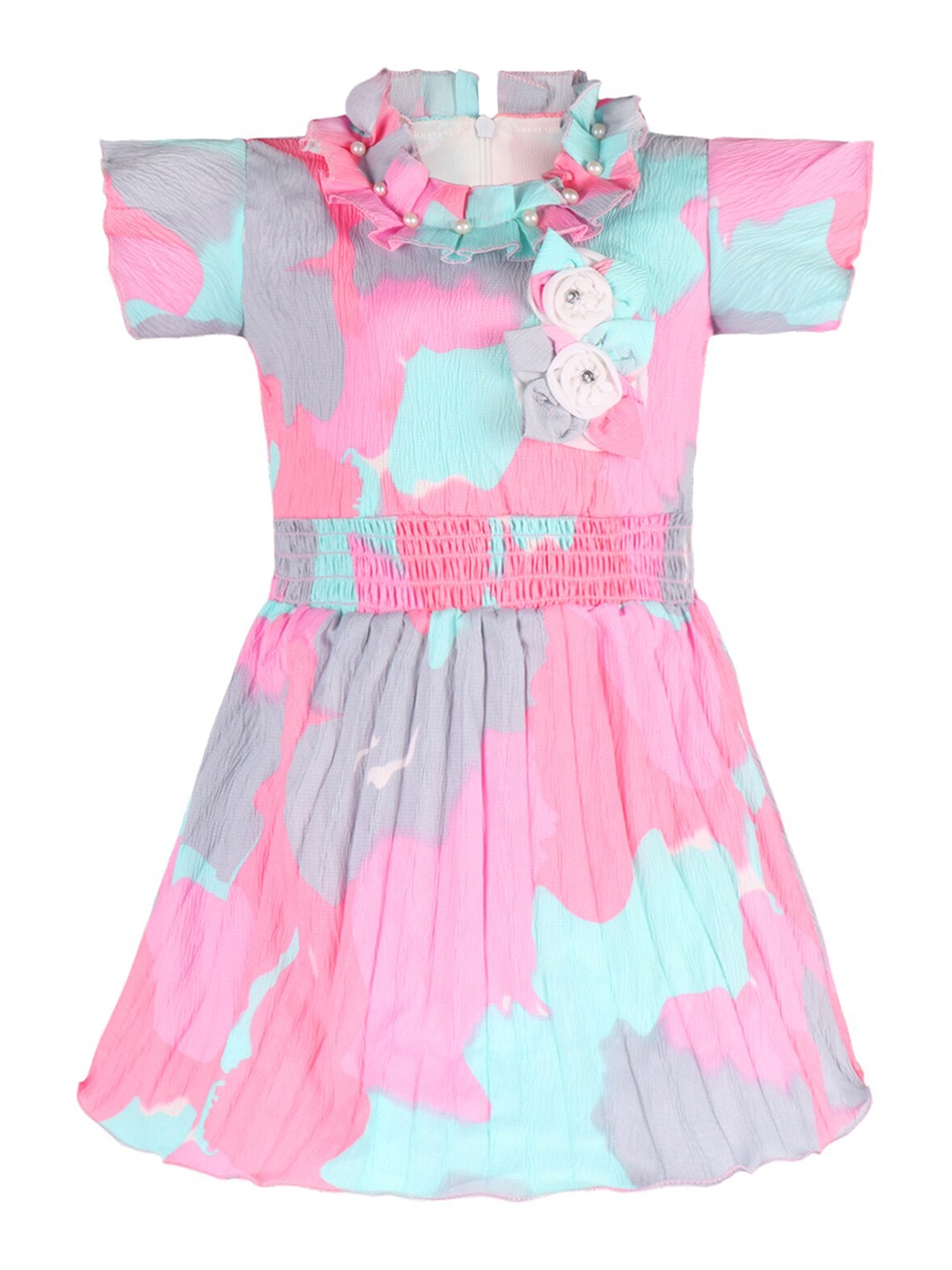 

Wish Karo Girls Abstract Printed Corsage Smocked Fit & Flare Dress, Pink