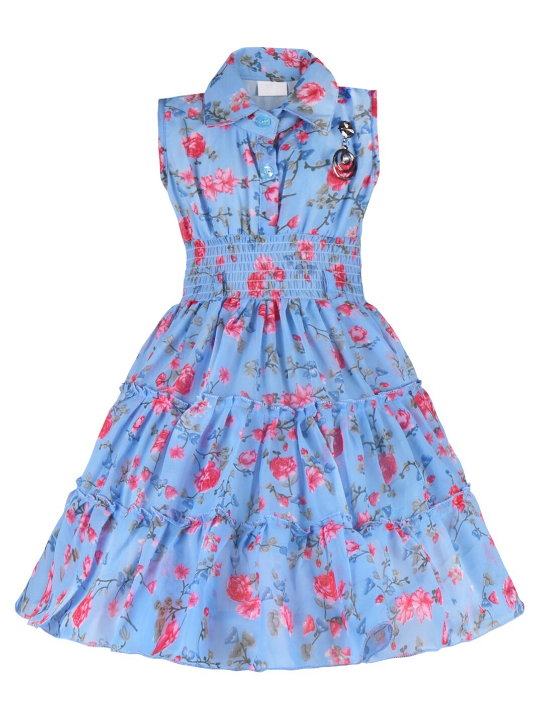 

Wish Karo Girls Floral Printed Smocked Tiered Fit & Flare Dress, Blue