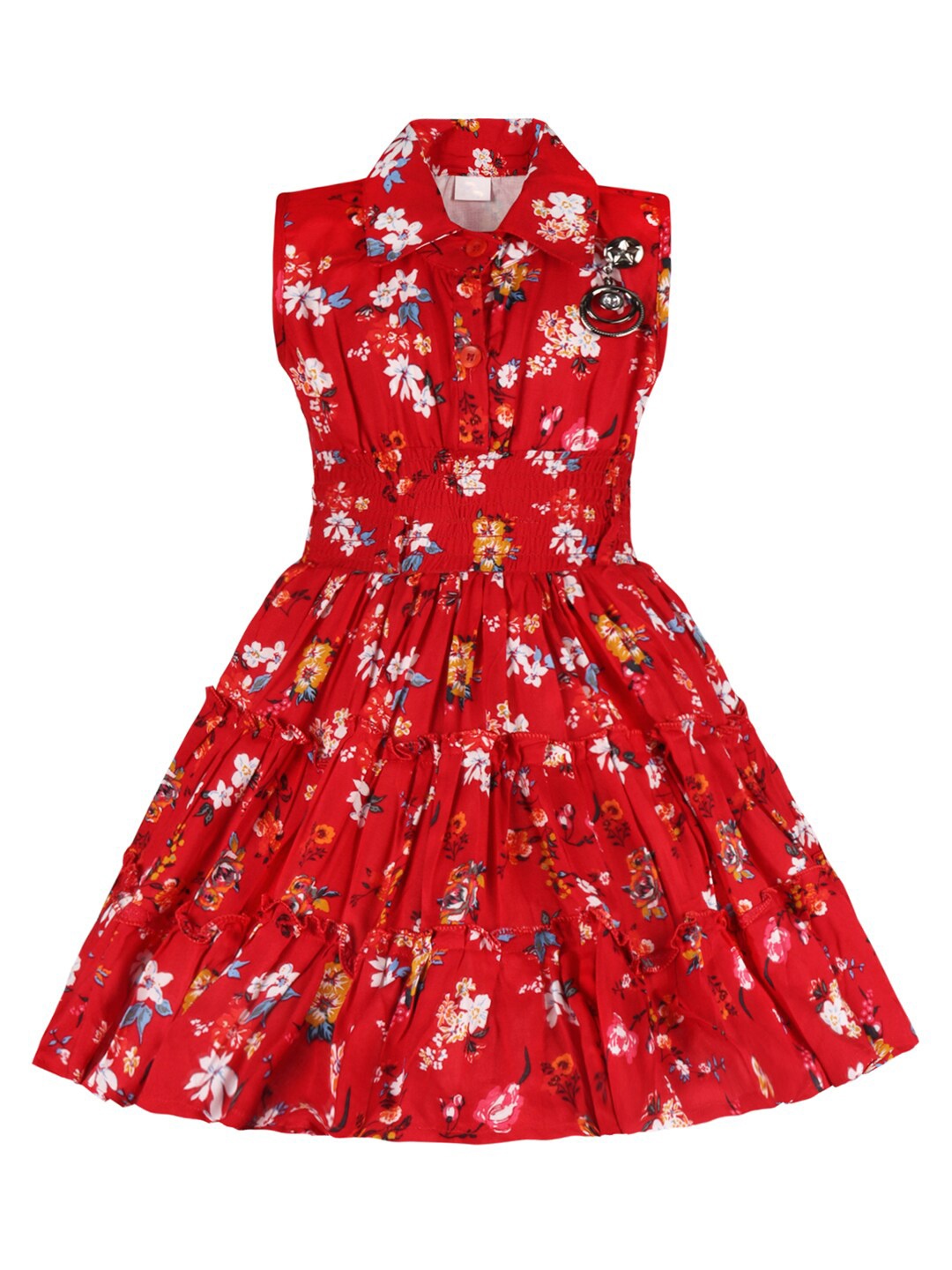

Wish Karo Girls Floral Printed Smocked Tiered Georgette Fit & Flare Dress, Red