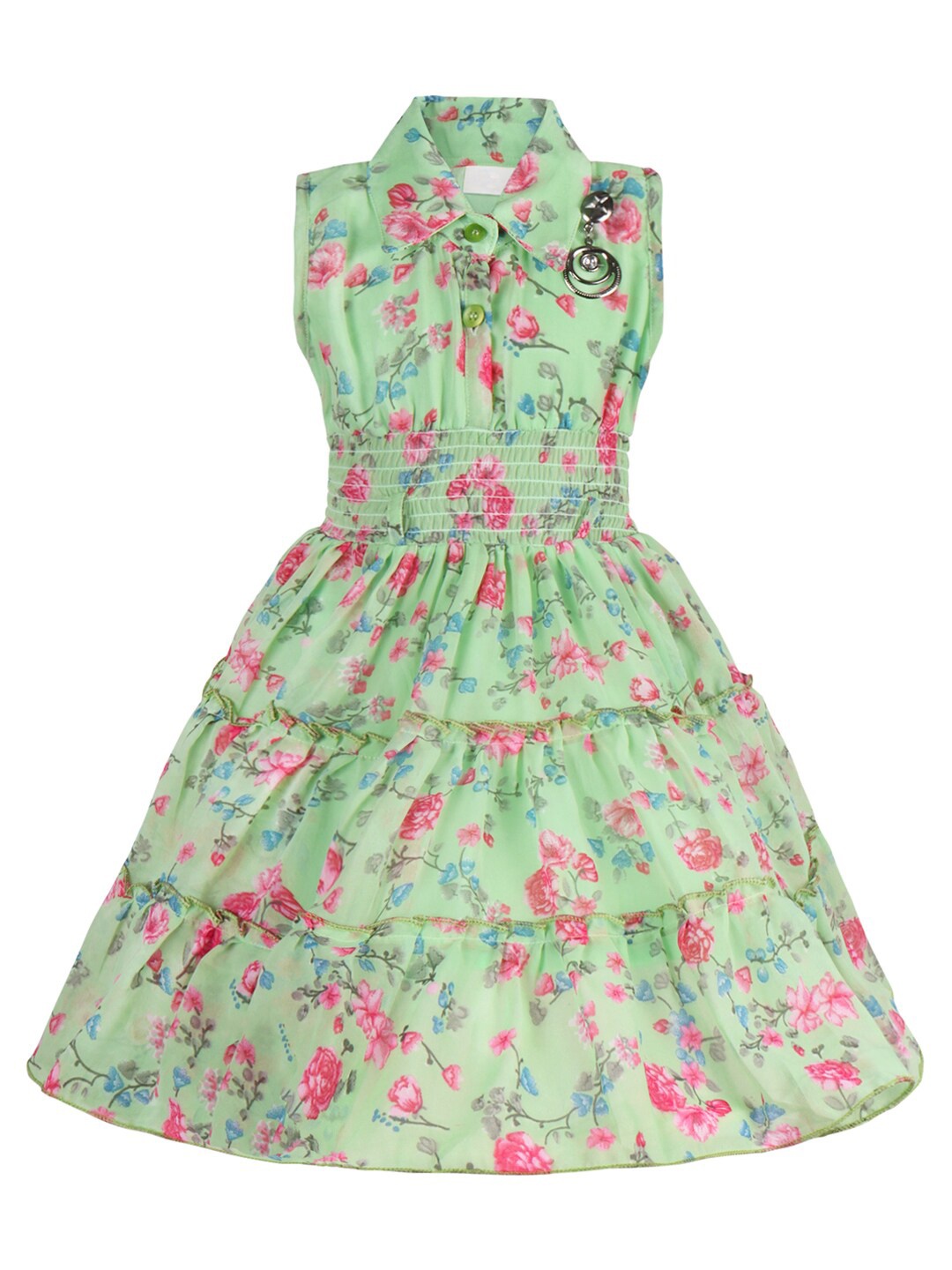 

Wish Karo Girls Floral Printed Smocked Tiered Fit & Flare Dress, Green