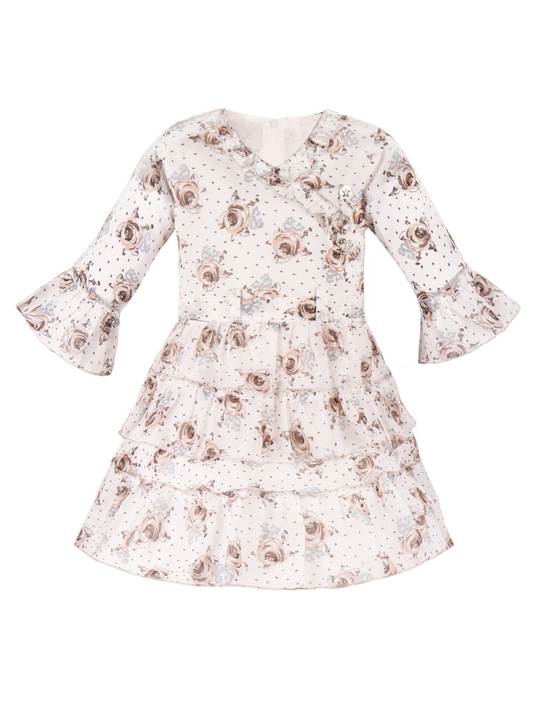 

Wish Karo Girls Floral Printed Bell Sleeves Layered Fit & Flare Dress, Brown