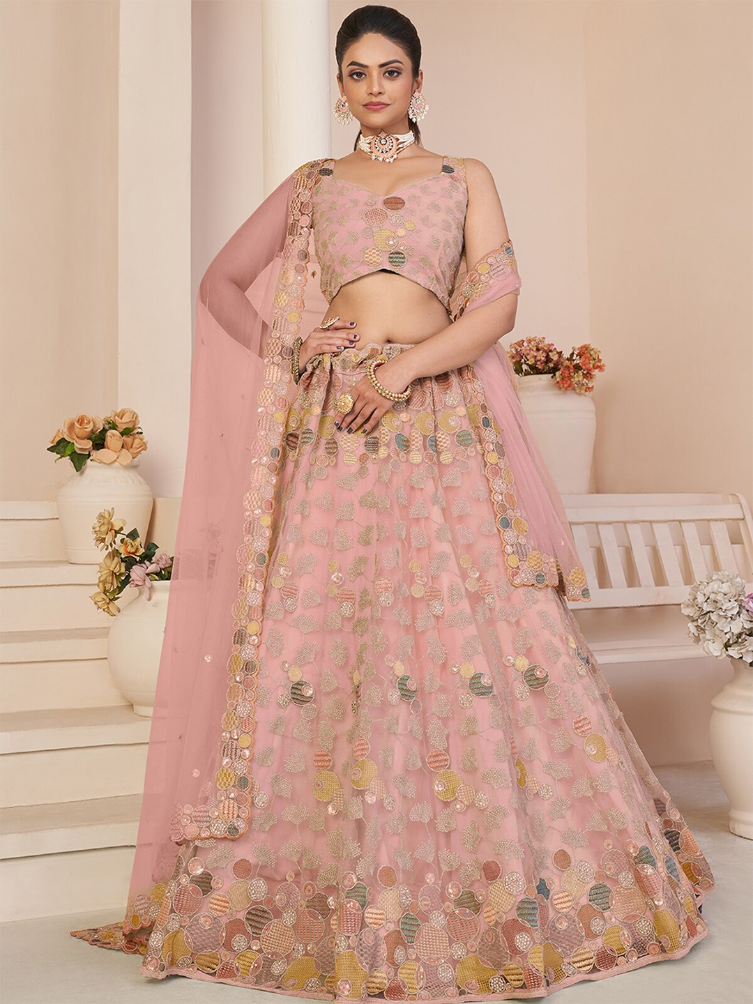 

ODETTE Sequinned Embroidered Semi-Stitched Net Lehenga & Unstitched Blouse With Dupatta, Pink