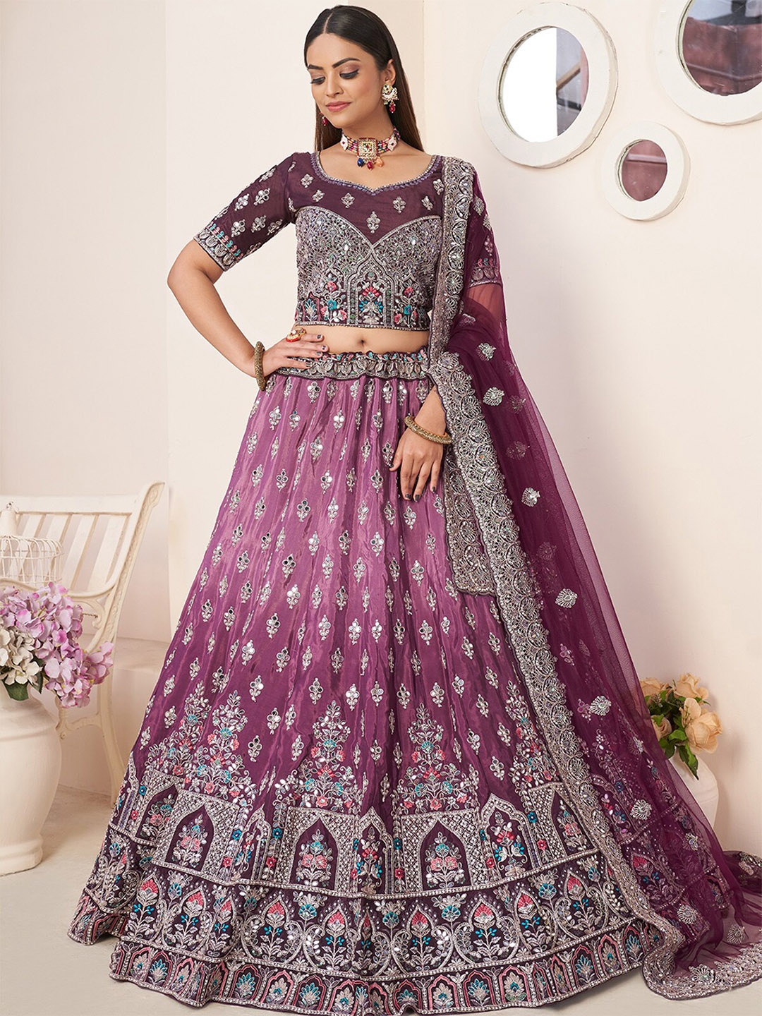 

ODETTE Embellished Sequined Semi-Stitched Lehenga & Unstitched Blouse With Dupatta, Violet